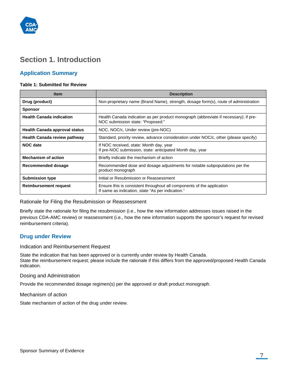 The blank CDA-AMC template's Table 1 with the agency's guidance inside every field