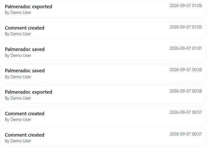 The project's event timeline: exported, saved, commented on, each by name with a time