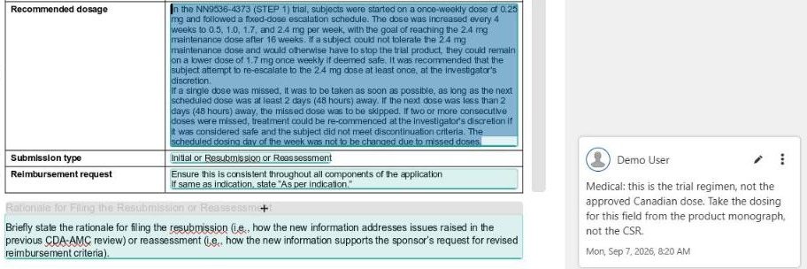 A reviewer's comment attached to the Recommended dosage field in the document