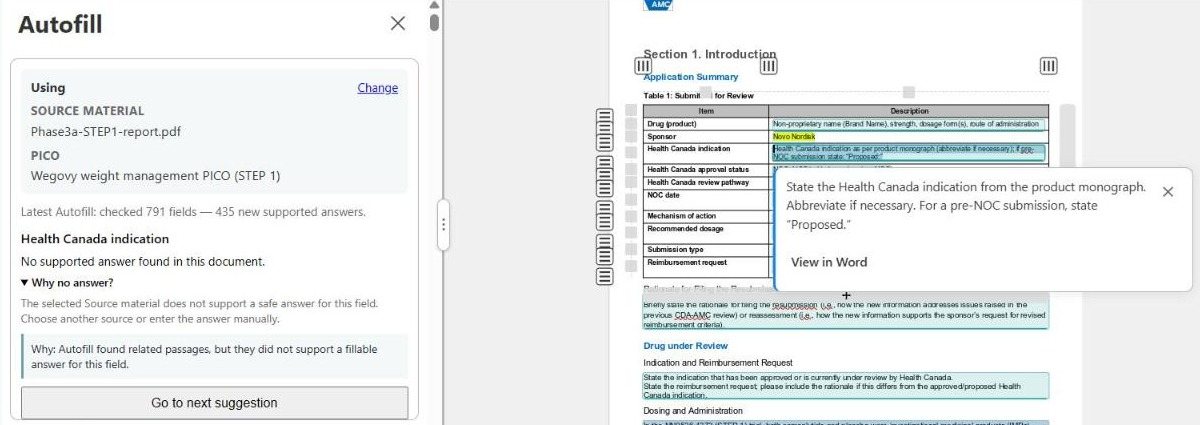 Palmera's Autofill panel on Health Canada indication: No supported answer found in this document, the reason, and the agency's guidance popup beside the table