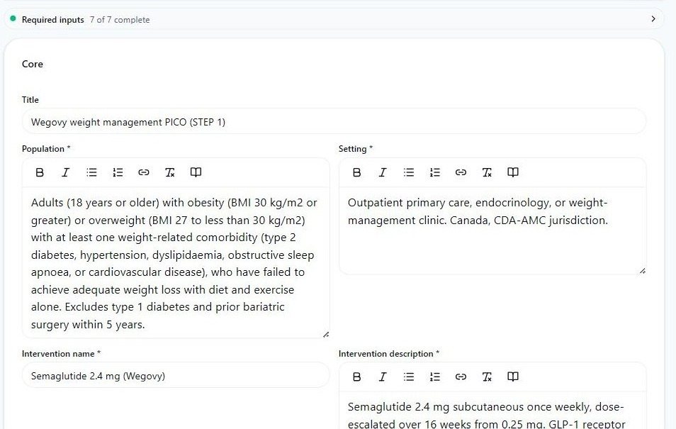 Palmera's PICO editor with population, intervention, comparator, outcomes and setting completed