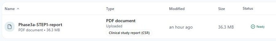 Palmera's source material list showing the CSR as a clinical study report, status Ready