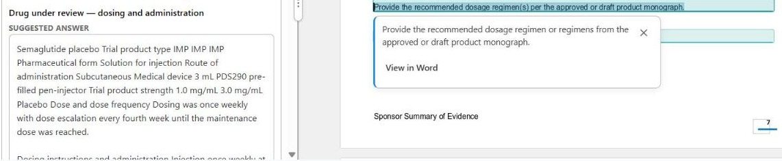 A suggested answer for Dosing and administration with the field's written guidance shown beside it in the document