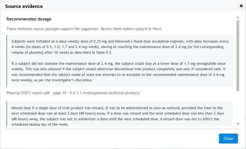 Source evidence dialog for a pending suggestion: two verbatim CSR passages with the document name, page 39 and section 9.4.1.1