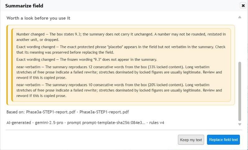 Summarize dialog, Worth a look before you use it: Number changed, the box states 9.3; Exact wording changed, the protected phrase placebo is not verbatim in the summary; two near-verbatim stretches