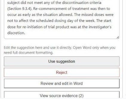 The end of a suggestion and the four choices under it: Use suggestion, Reject, Review and edit in Word, View source evidence